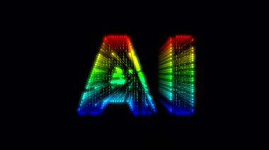 Soyut renkli 3D AI metin tipografi animasyonu parlayan ikili kod ve gökkuşağı renk gradyanı, alfa kanalı ile şeffaf arkaplan, teknoloji hareketi ve dijital tasarım için kusursuz döngü