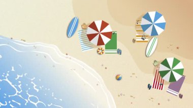 Animated 2D top view beach background scene in flat vector style with moving waves and static umbrellas, towels, and surfboards. Perfect for summer, travel or vacation themes