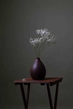 Güzel beyaz tavuk, kameraya bakıyor ve merdiven üzerinde duruyor, fotoğrafta durgun bir hayat.