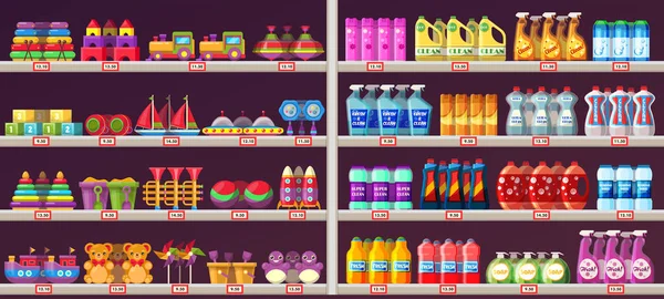 Estantes del pasillo del supermercado con juguetes y productos químicos — Archivo Imágenes Vectoriales