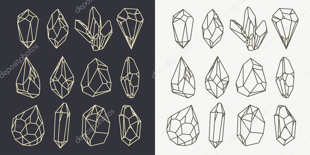 Set of isolated natural stones different shapes. Geometric silhouette of black and white crystals. May be used for logo, labels design, geology, treasure theme