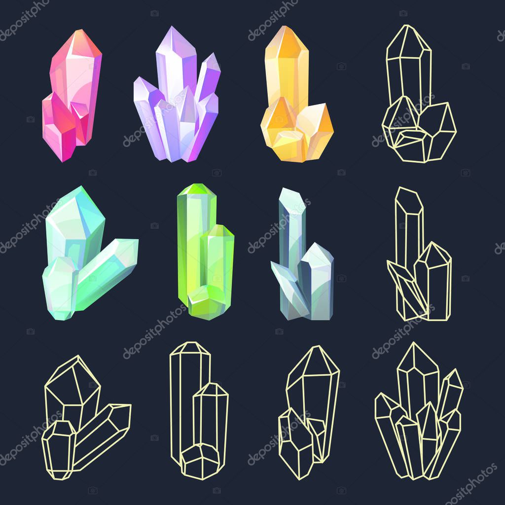 Set of isolated colorful crystals with outline shapes. Isolated shiny minerals can used for logo, labels design, geology, treasure theme