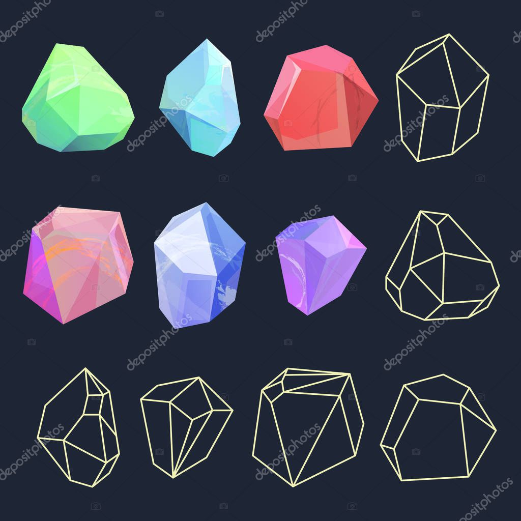 Bright natural minerals. Modern design of crystal polygon shapes. Natural jewelry stones can used as logo, label, banner elements