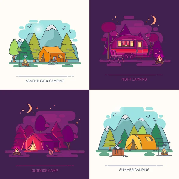 Set of outdoor day or night view on camp in forest