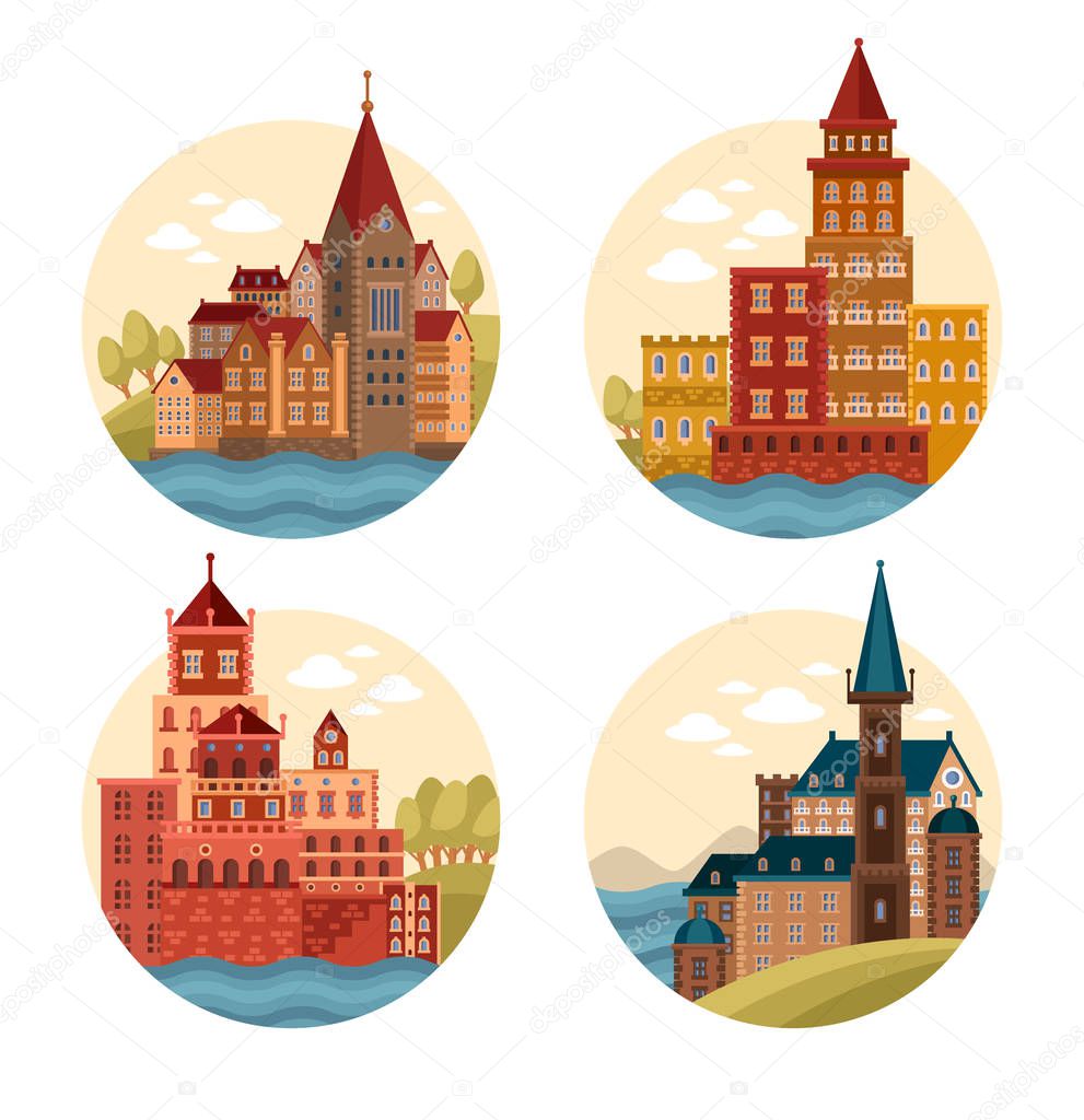 Set of medieval architecture buildings. Moated castle and catholic cathedral. Cartoon vintage construction with towers. Structure in baroque style. May be used for historical theme