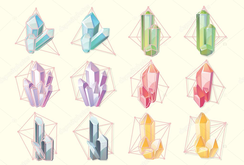 Orange crystals in grid and colorful diamonds in geometric net. Set of isolated gems