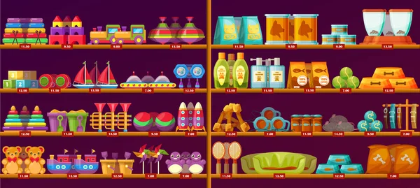 Showcase with baby or kid toys, animal items — Stock Vector