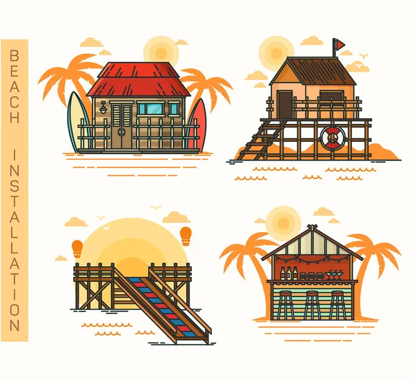 Hut at beach, bar and pier, rescue house — Stock Vector