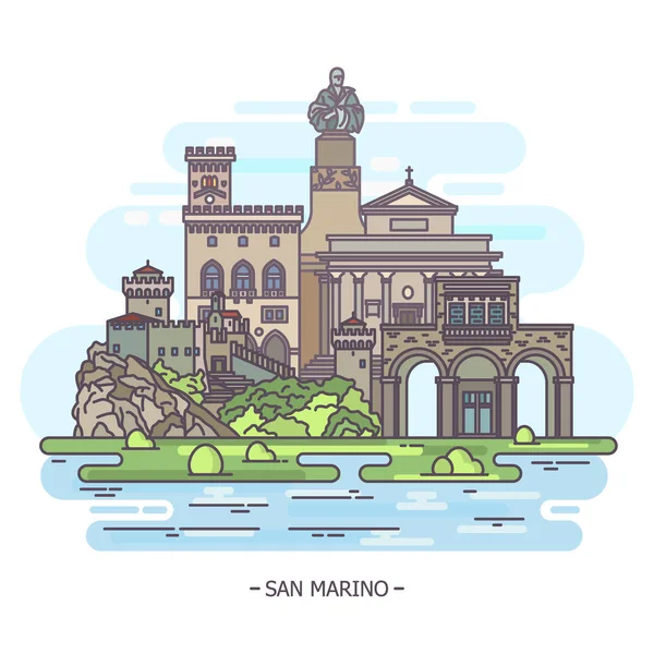 Marcos de San Marino, monumentos de arquitetura, tema do turismo —  Vetores de Stock