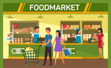 Adam ve kadın ile sepeti yiyecek süpermarkette alışveriş merkezi