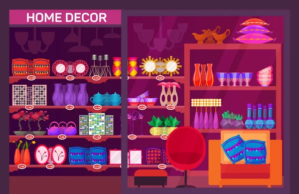 Escaparate de tienda con artículos de decoración para el hogar — Vector de stock