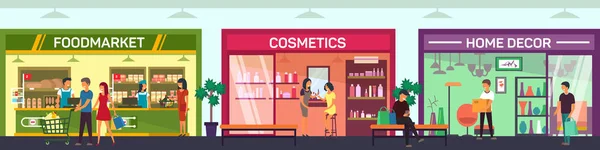 Centre commercial avec magasin de cosmétiques, marché alimentaire, magasin de décoration — Image vectorielle