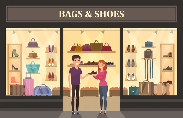 Väskor och skor butik med glas showcase. — Stock vektor
