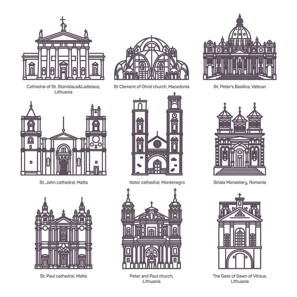 欧洲的被隔绝的教会的集合在细线 — 图库矢量图片