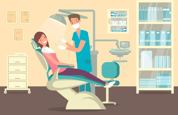 Стоматологічний кабінет, тема догляду за зубами та лікування — стоковий вектор