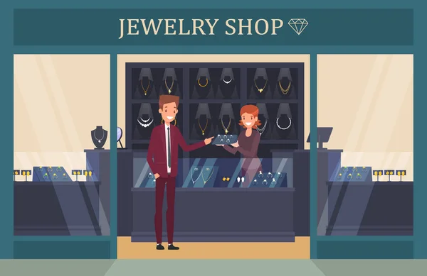 Jewelry shop showcase with man choosing ring — Stock Vector