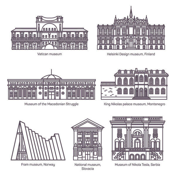 Set of isolated museums in thin line