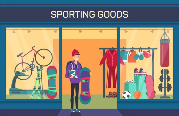 Kupující na obchod se sportovním zbožím. Sportovní oddělení — Stockový vektor