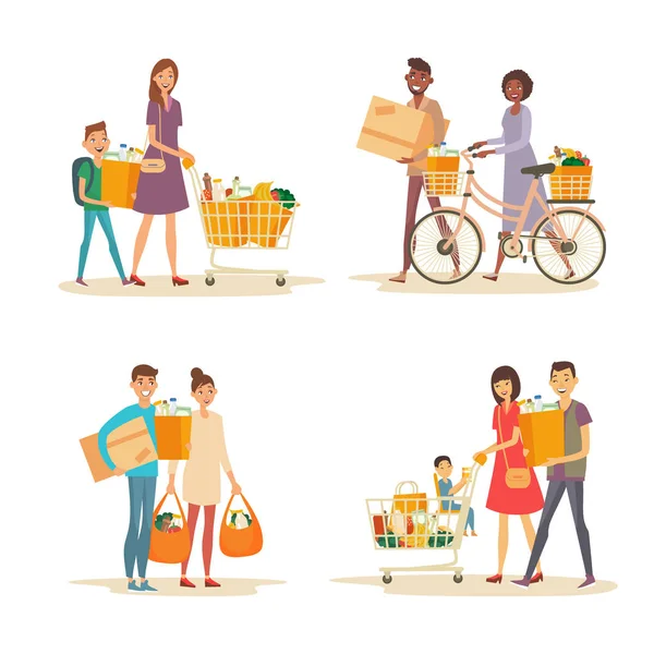 Interracial šťastná rodina s vozíkem a s potravinami — Stockový vektor