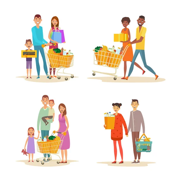 Ensemble de shopping en famille. Personnages avec des achats — Image vectorielle