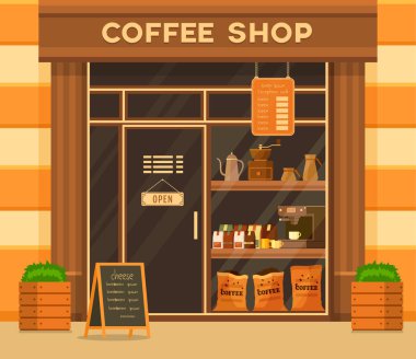 Kahve dükkanı veya kafe dış. Cam vitrin