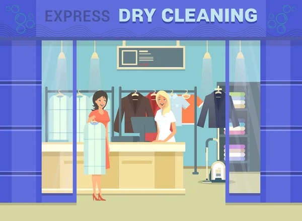 Showcase of dry cleaning store with cloth - Stok Vektor