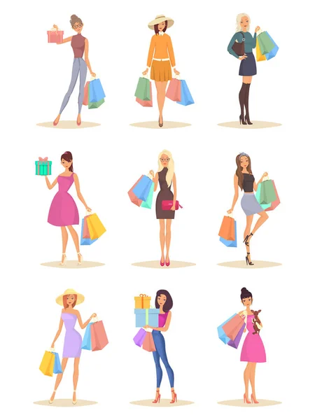 Set of isolated women with bags after shopping — Stock Vector
