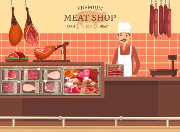 Carnicero en tienda de carne escaparate con jamón — Vector de stock