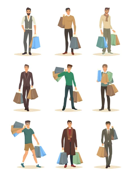 Conjunto de hombres aislados con paquete durante las compras — Archivo Imágenes Vectoriales