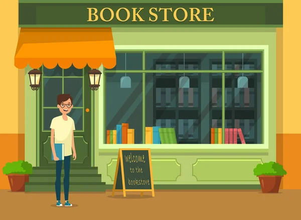 Bookshop showcase with literature and young buyer — Stock Vector