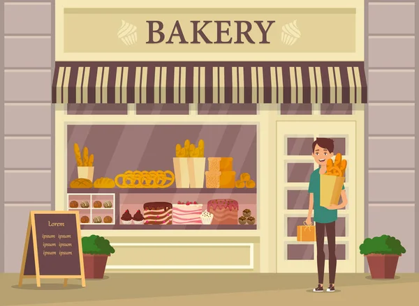 Comprador con baguette cerca de panadería, tienda — Vector de stock