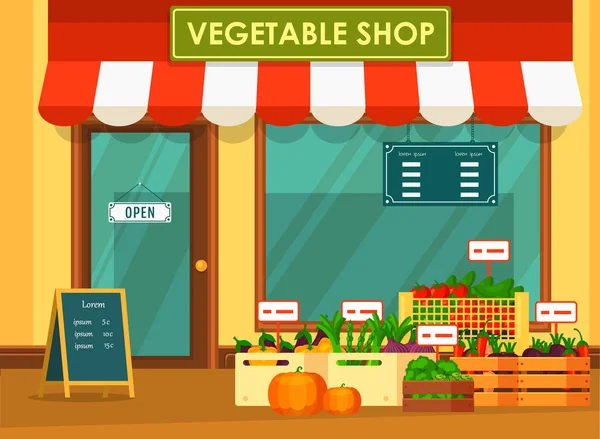 Vegetabilsk butik udstillingsvindue eller tæller med mad – Stock-vektor