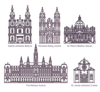 İzole katedral mimari çizgi işaretleri kümesi