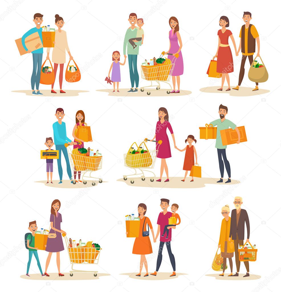 Set of isolated people family at supermarket