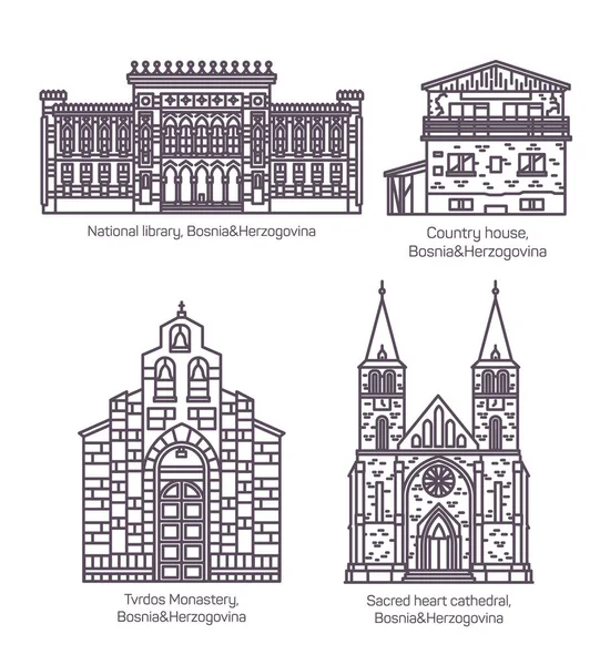 Set of Bosnia-Herzegovina buildings in thin line — Stock Vector