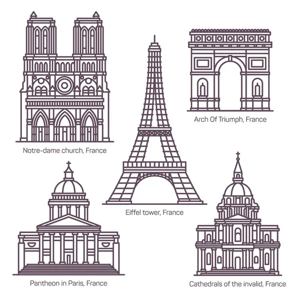 Ensemble de lignes isolées de sites touristiques français — Image vectorielle