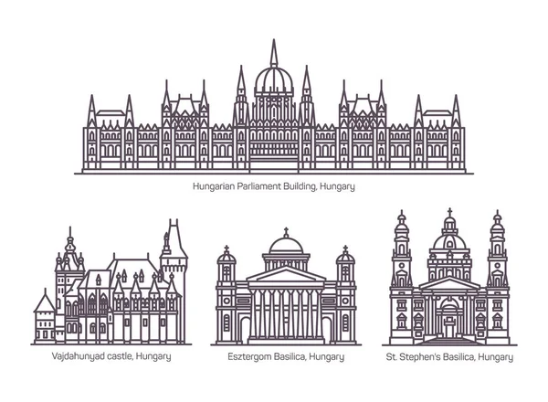 Ensemble de ligne isolé Hongrie monuments culturels — Image vectorielle