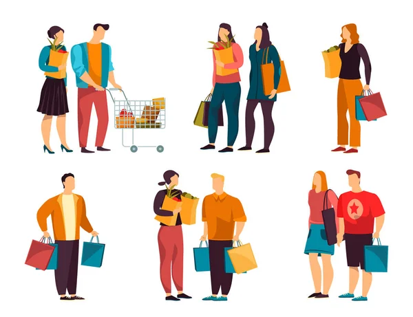 Conjunto de personas aisladas y sencillas con supermercado — Vector de stock