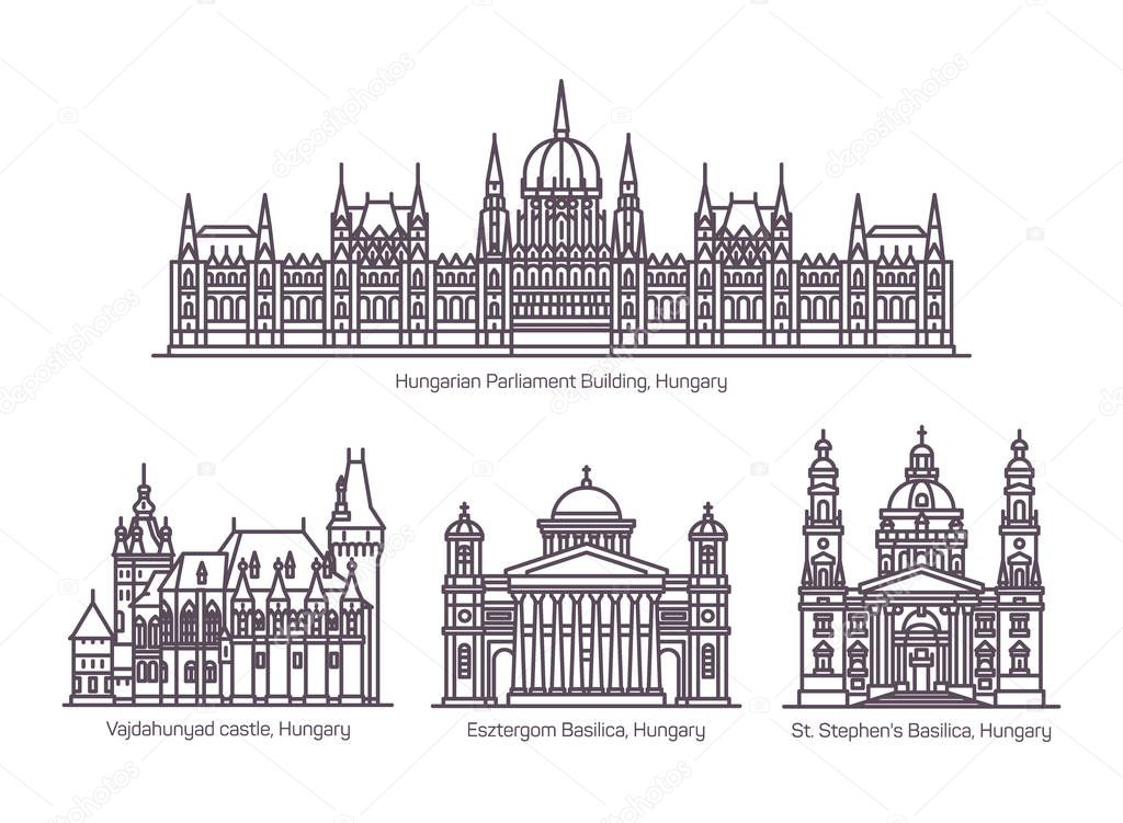 Set of line isolated Hungary cultural monuments