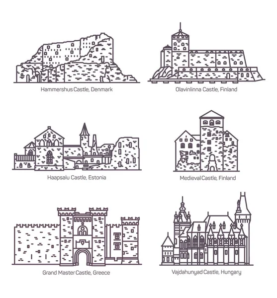 Línea castillos y arquitectura, fortaleza con torre — Vector de stock