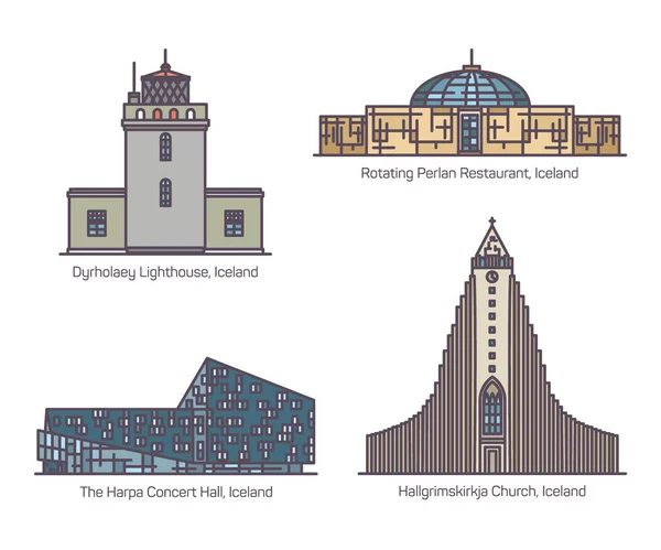 Набір пам'яток архітектури Ісландії в тонкій лінії — стоковий вектор