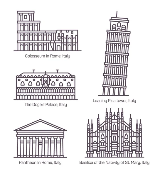 Set van geïsoleerde Italië monumenten in dunne lijn — Stockvector