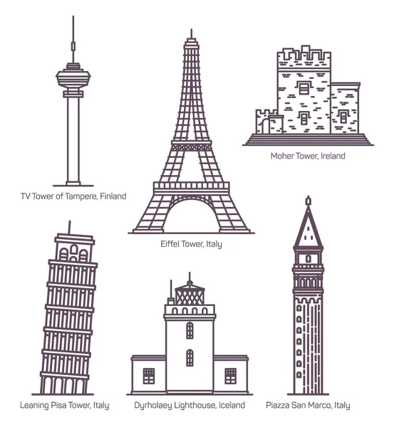Europese bezienswaardigheden met torens in Thin Line — Stockvector