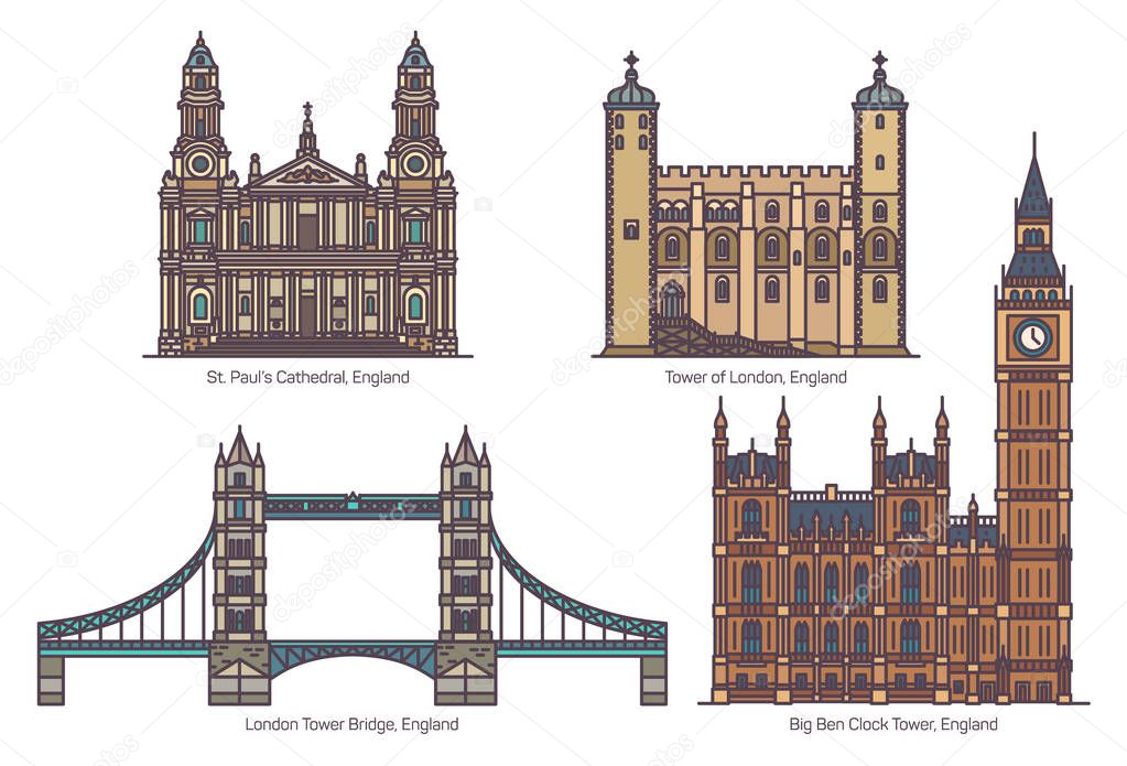 English or UK architecture landmarks in thin line