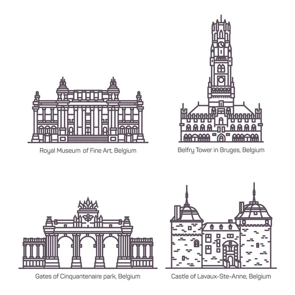 Conjunto de edificios famosos aislados de Bélgica — Vector de stock