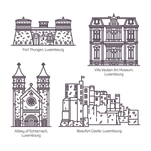 Architektonické památky Lucemburska v tenké linii — Stockový vektor