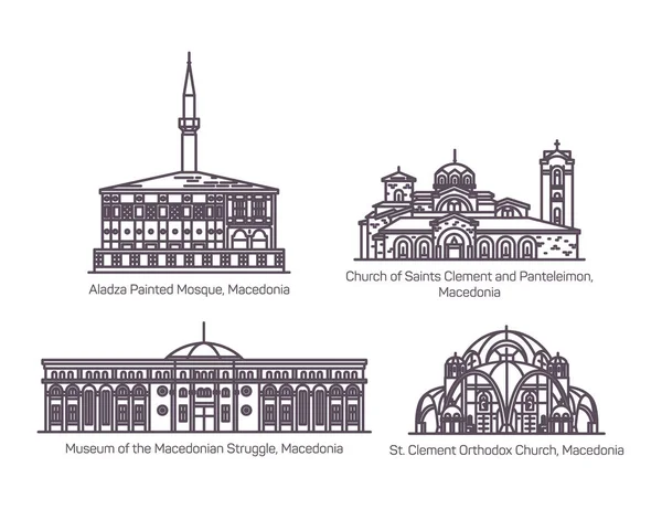 Conjunto de edificios aislados de Macedonia en línea delgada — Vector de stock