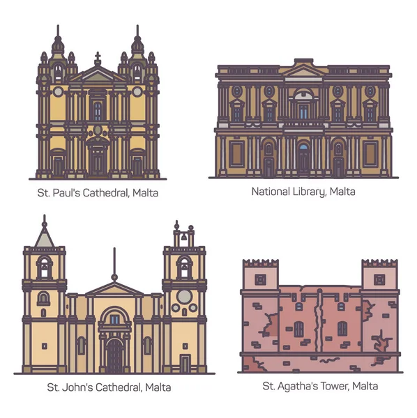 Lugares de interés famosos de Malta o conjunto de arquitectura de Malta — Archivo Imágenes Vectoriales