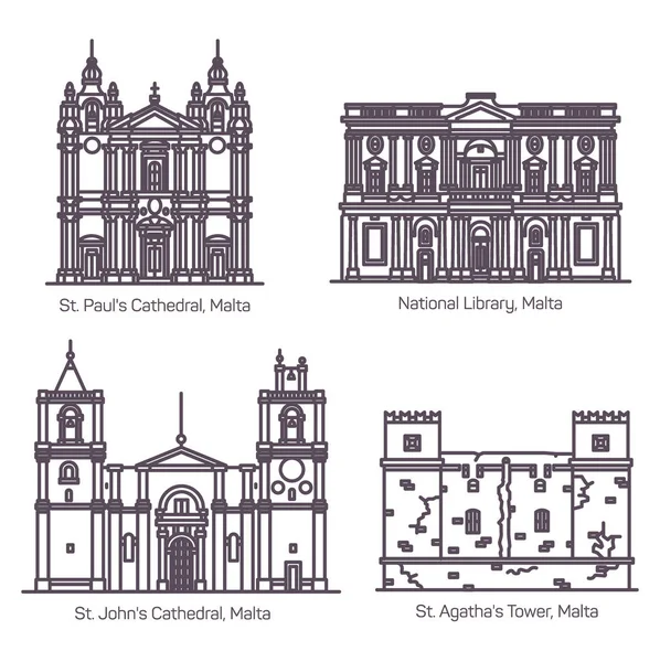 Arquitectura de Malta en línea delgada. Catedral — Vector de stock