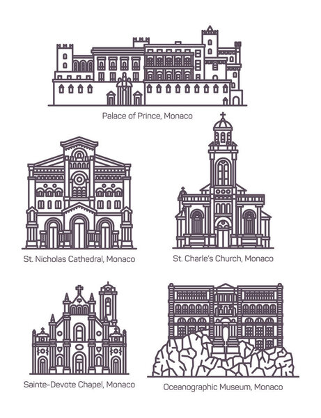 Набор знаменитой архитектуры Монако в тонкой линии

